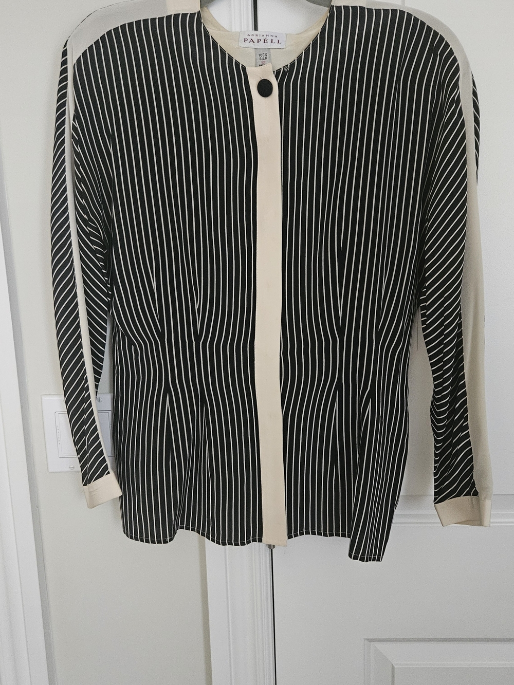 Adrianne  Papell , Vintage, 100% Silk, Black Pinstripe Blouse with Cream Trim